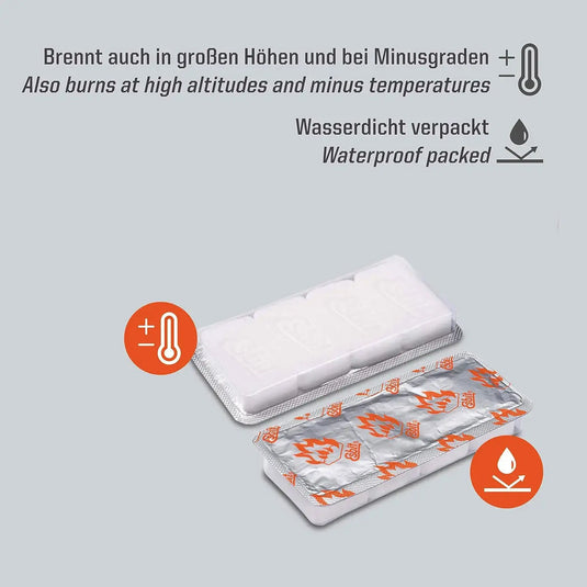 Wasserdichte Esbit® Brennstofftabletten, funktionstüchtig für Outdoor-Abenteuer, die auch bei hohen Höhen und niedrigen Temperaturen brennen.