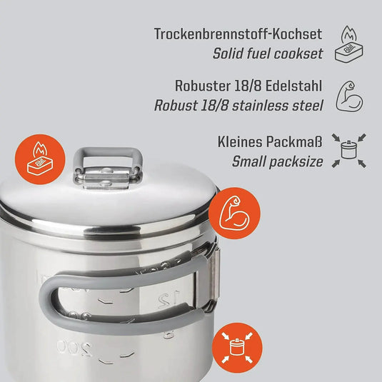 Esbit® Trockenbrennstoff-Kochset 585ml Edelstahl beworben mit kompaktem Design und geeignet für den Festbrennstoffbetrieb, perfekt für Outdoor-Abenteuer.