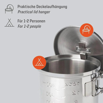 Ein Esbit® Trockenbrennstoff-Kochset 585ml Edelstahl-Kochtopf mit praktischem, seitlich hängendem Deckel, geeignet für 1-2 Personen.