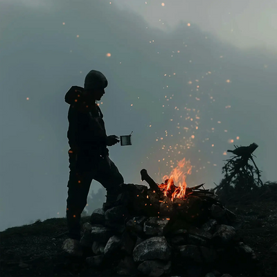 Eine Person steht am Lagerfeuer und hält einen Becher in der Hand, während Glut vor einer dunstigen Bergkulisse in der Luft schwebt, bereit für ein Esbit® Titan Besteck-Set 3-teiliges Campingbesteck-Abenteuer.