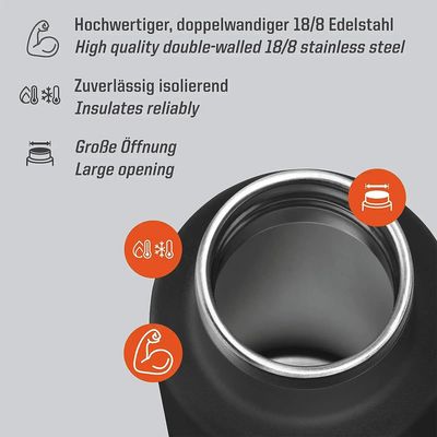 Beschreibung: Draufsicht einer Esbit® Isolierflasche Sculptor „Standard Mouth“ 1000ml Edelstahl Schwarz, die ihre große Öffnung und Auslaufsicherheitsmerkmale in sowohl Deutsch als auch.