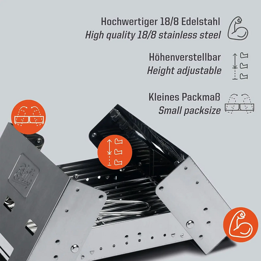 Tragbarer Esbit® Edelstahlgrill mit verstellbarer Höhe, kompaktem und klappbarem Design.