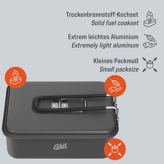 Kompaktes Esbit® Festbrennstoff-Kochset aus leichtem Aluminium mit kleinem Packmaß.