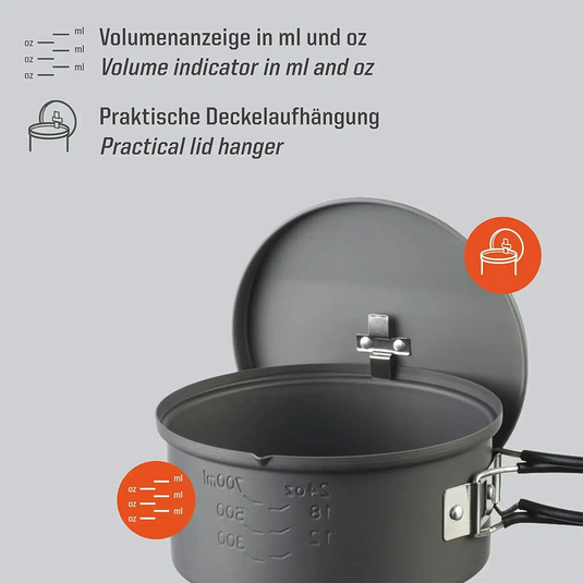 Esbit® Aluminium Kochtopf 1100ml grau mit Volumenmessungen innen und einem praktischen Deckelhänger.