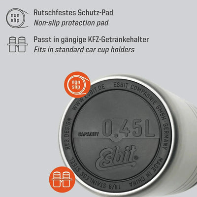 Eine rutschfeste Unterlage für Autobecherhalter mit Isoliertechnologie und einer 0,45-l-Kapazitätsmarkierung der Marke Esbit® Thermobecher mit Klick-Verschluss 450 ml.