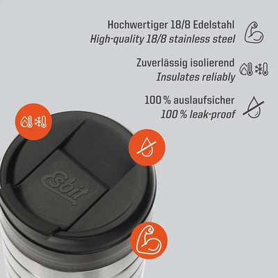 Ein Werbebild, das die Eigenschaften des Esbit® Thermobechers mit Klick-Verschluss 450 ml zeigt, eines isolierten Reisebechers aus Edelstahl, der sein hochwertiges Material und die zuverlässige Isolierung durch seine fortschrittliche Isoliertechnologie hervorhebt.