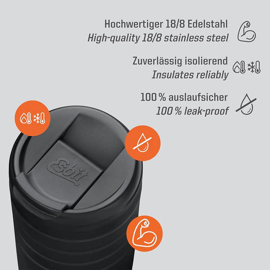 Nahaufnahme des Deckels eines Esbit® Thermobechers mit Klick-Verschluss 450 ml, der seine Merkmale wie die hochwertige Konstruktion aus 18/8-Edelstahl, die zuverlässige Isolierung mit fortschrittlicher Isoliertechnologie und das 100 % auslaufsichere Design hervorhebt.