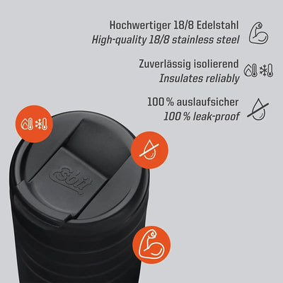 Edelstahl-Reisebecher, Esbit Thermobecher mit Klick-Verschluss 450 ml, mit auslaufsicherem Klick-Verschluss und auf Deutsch hervorgehobenen Isoliereigenschaften sowie universellen Symbolen.