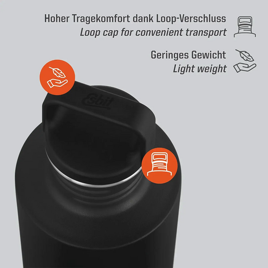 Nahaufnahme des Deckels einer schwarzen Esbit® Trinkflasche Sculptor 1000 ml Edelstahl-Wasserflasche mit Symbolen, die die praktische Schlaufe und das leichte Design hervorheben.