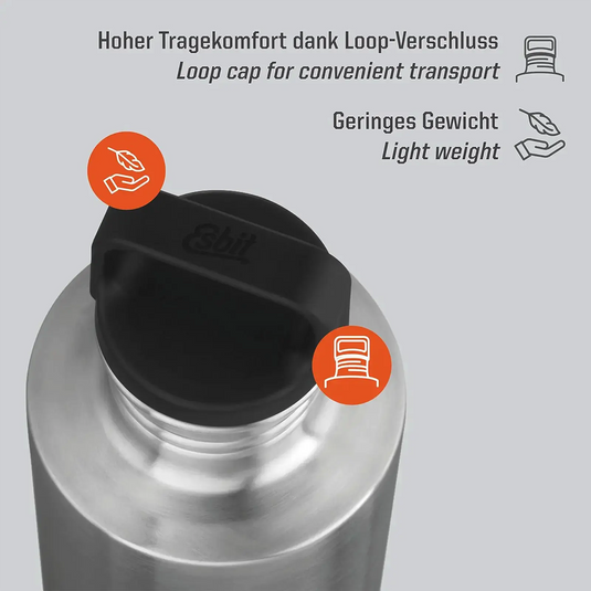 Esbit® Trinkflasche Sculptor 1000ml Edelstahl mit Loop-Verschluss, betont Merkmale wie Komfort, Auslaufsicherheit und ein leichtes Design.