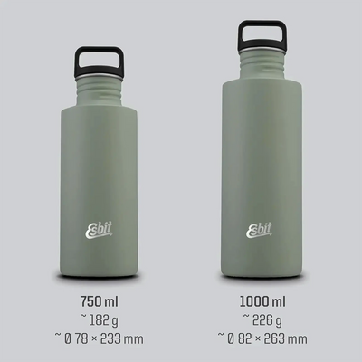 Zwei graue, isolierte Esbit® Trinkflaschen Sculptor 1000ml Edelstahl mit auslaufsicheren schwarzen Deckeln und Branding auf der Vorderseite, in zwei Größen.