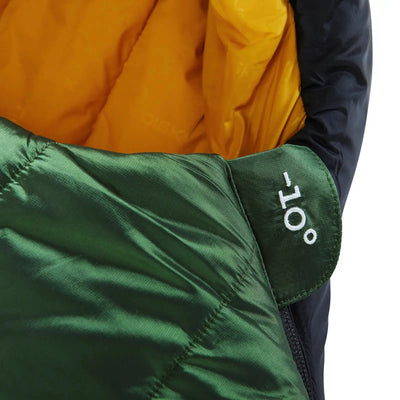 Nahaufnahme einer grün-gelben Jacke mit der Nummer 100 und Nordisk® Gormsson -10° Mumien-Winterschlafsack auf dem Ärmel bestickt.