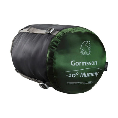 Grüner Nordisk® Gormsson -10° Mumienschlafsack mit Etikett, das die Eignung für Temperaturen bis zu -10 Grad anzeigt und hervorragende Isolationseigenschaften bietet.