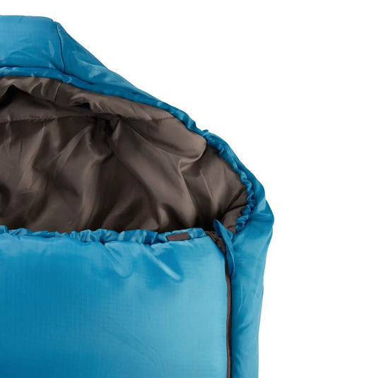 Draufsicht auf einen offenen blauen Grand Canyon® Fairbanks 190 – Schlafsack mit brauner Innenseite.