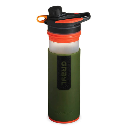 Tragbare Grayl® Geopress Wasserfilter 710 ml Flasche mit orangefarbenen Akzenten für sicheres Trinkwasser.