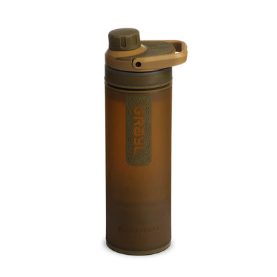 Grayl® Ultrapress Wasserfilter 500-ml-Wasserflasche mit Klappdeckel und „ultrapress“-Logo für eine effektive Wasserreinigung.