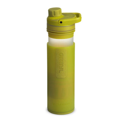 Gelbe Grayl® Ultrapress Wasserfilter 500-ml-Flasche auf weißem Hintergrund.