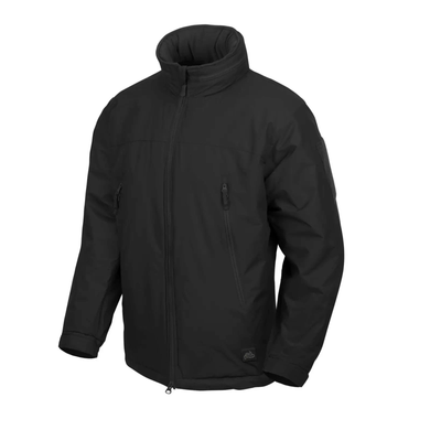 Eine schwarze, isolierte Winterjacke mit hohem Kragen, Reißverschluss vorne und leichter Helikon-Tex® LEVEL 7 Winterjacke – Climashield® Apex 100 g Isolierung.