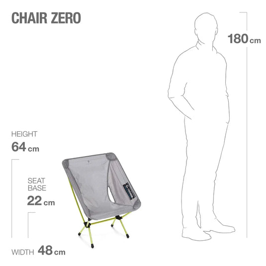 Vergleich der Größe des Helinox Chair Zero mit einer menschlichen Figur mit Höhenmaßen.