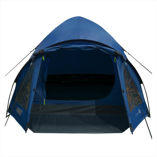 Blaues HIGHLANDER® Juniper 2 Personen Zelt Campingzelt mit offenem Eingang vor weißem Hintergrund.