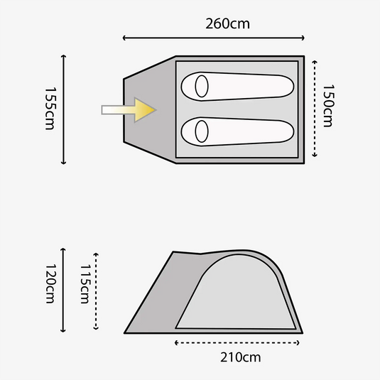 Diagramm eines HIGHLANDER® Juniper 2-Personen-Zeltes für zwei Personen mit den Abmessungen: 260 cm Länge, 155 cm Breite (mit angegebenem Eingang) und 115 cm Höhe.