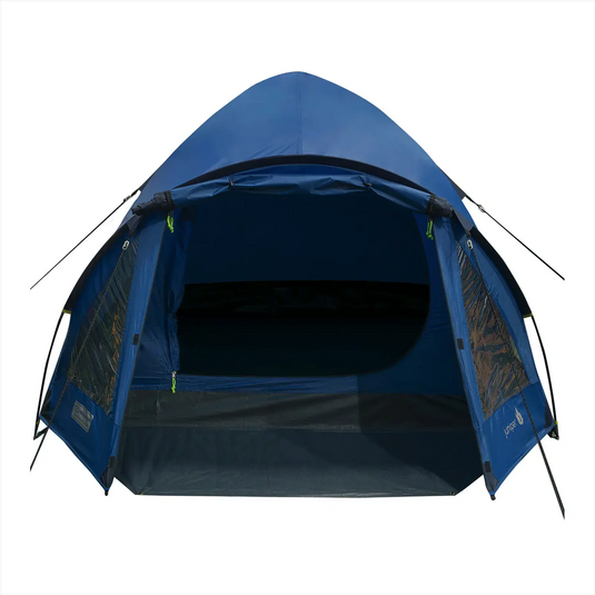 Blaues HIGHLANDER® Juniper 3 Personen Zelt Campingzelt isoliert auf weißem Hintergrund.