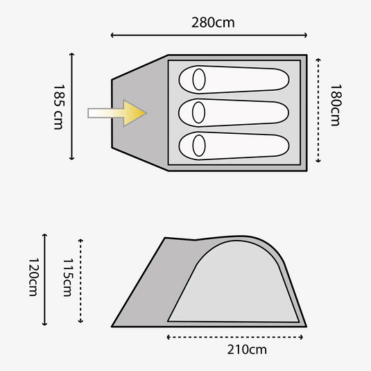 Technisches Diagramm zur Veranschaulichung der Abmessungen eines HIGHLANDER® Juniper 3-Personen-Zeltes mit einem Pfeil, der den Eingang anzeigt.