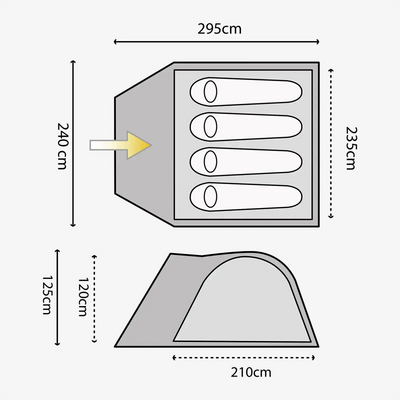 Technische Abbildung mit den Abmessungen eines Tunnels und eines kuppelförmigen HIGHLANDER® Juniper 4-Personen-Zelts mit einem Pfeil, der die Strömungsrichtung anzeigt.