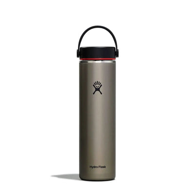 Leichte Hydro Flask® 24 oz (710 ml) Wide Mouth Trail Series™ Wasserflasche aus Edelstahl mit schwarzem Deckel und Griff.