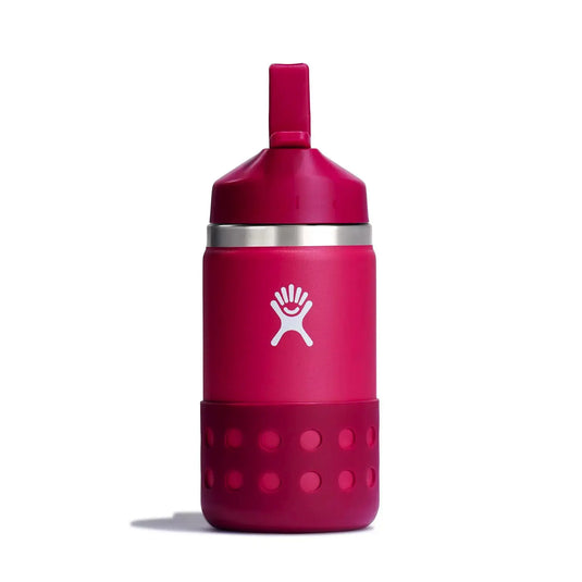 Hydro Flask® 12 oz (355 ml) isolierte Weithals-Wasserflasche für Kinder mit Strohhalmdeckel und Handlogo.