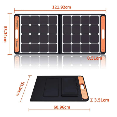 Tragbares, faltbares Jackery SolarSaga 100 Solarpanel mit angezeigten Abmessungen.