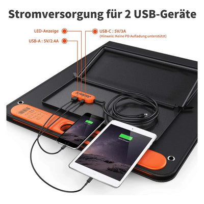 Tragbares Solarladegerät mit Jackery SolarSaga 100, das zwei Geräte mit USB- und USB-C-Anschlüssen mit Strom versorgt.