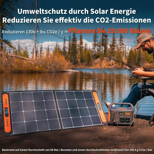 Ein Mann sitzt draußen und spielt Gitarre neben tragbaren, monokristallinen Solarmodulen von Jackery SolarSaga 100, die mit einem tragbaren Energiespeicher verbunden sind.