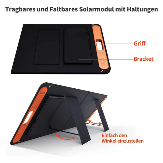 Tragbares und faltbares Jackery SolarSaga 100 Solarpanel mit Halterung und einstellbarem Winkel.