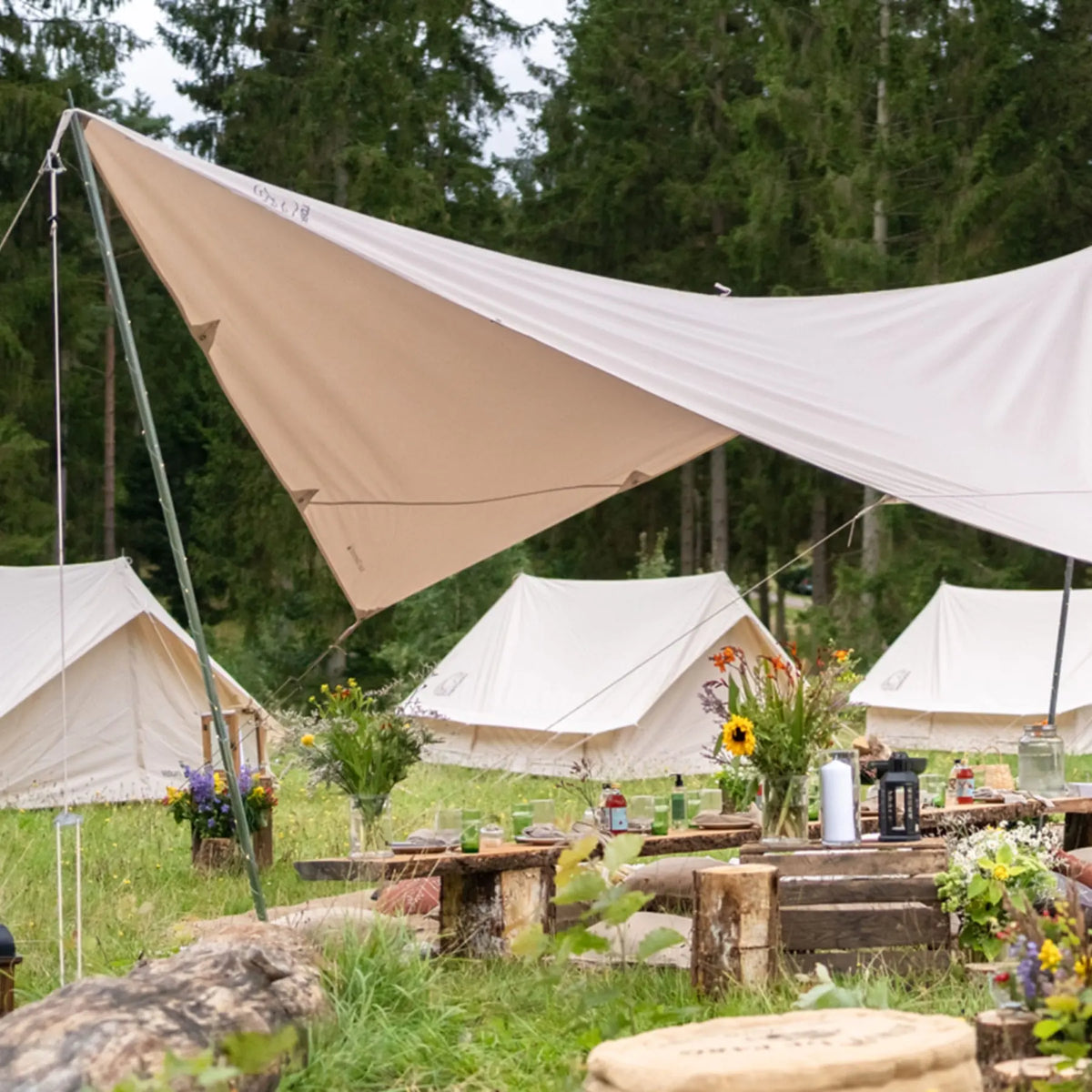 Zelte aus Segeltuch und Sitzgelegenheiten im Freien, angeordnet in einem Nordisk® Kari Diamond 20 Tarp-Aufbau auf einer Waldlichtung.