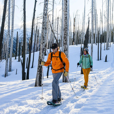 Zwei Personen wandern mit MSR® Lightning™ Trails - Schneeschuhen in einem verschneiten Wald mit kahlen Bäumen.