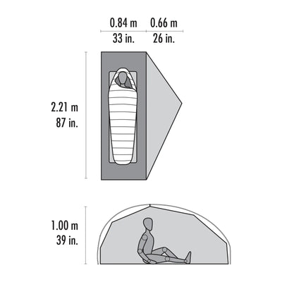 Technische Abbildung mit den Abmessungen eines MSR® FreeLite™ 1 „V3“ Ultraleichtes 1-Personen-Backpacking-Zelt und Schlafsack mit einer darin sitzenden Person.