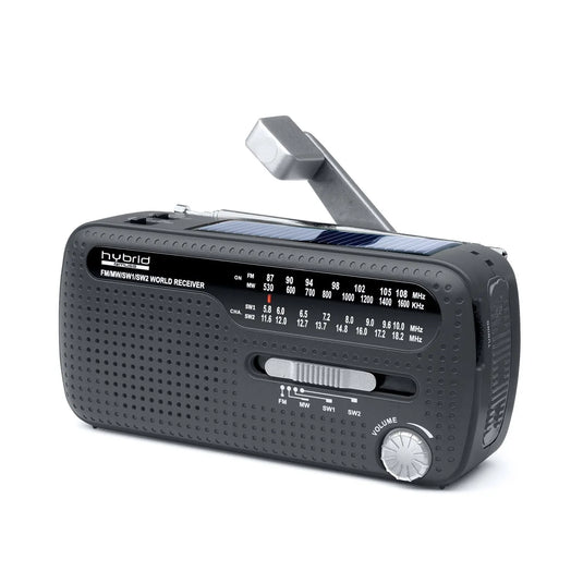 Tragbares FM/AM/SW World Muse Kurbelradio MH 07 DS schwarz mit Solar-Panel und Handkurbeldynamo.