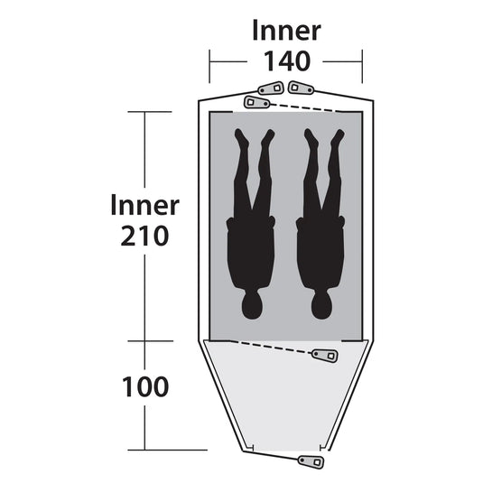 Technische Illustration, die die Innenmaße eines Sarges mit zwei Umrissen zeigt, die die Insassen in einem Outwell® 2-Personen Zelt – Cloud 2-Konfiguration darstellen.