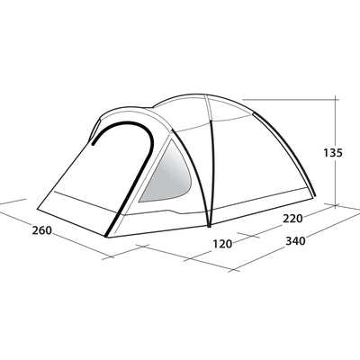 Technische Illustration eines Outwell® Cloud 4 Kuppelzeltes mit Abmessungen.