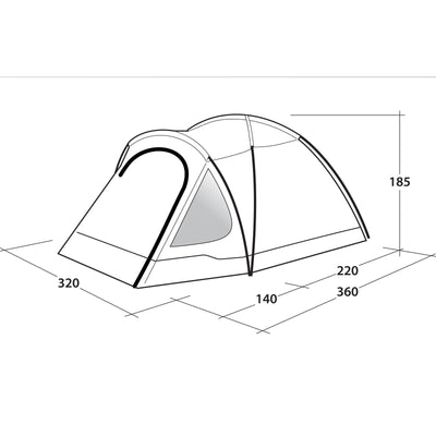 Technische Abbildung eines Outwell® 5-Personen Zelt - Cloud 5 Kuppelzeltes mit Maßangaben in Zentimetern.