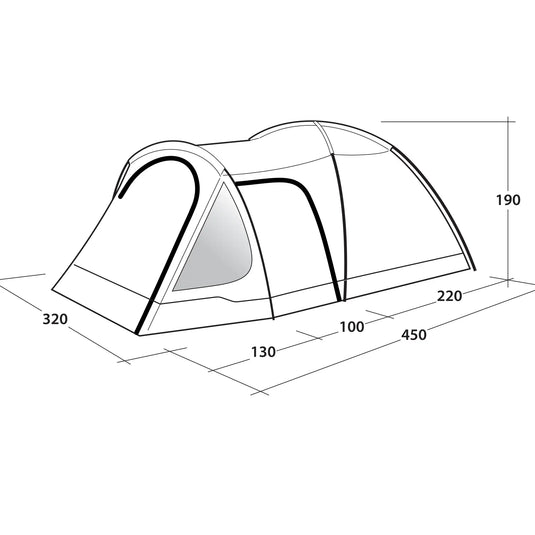 Outwell® Cloud 5 Plus Camping – technische Illustration eines Kuppelzeltes mit Abmessungen.