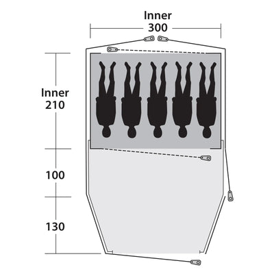 Technisches Diagramm eines Geräts mit Abmessungen, möglicherweise ein Outwell® 5-Personen Zelt - Cloud 5 Plus-Getränkespender mit mehreren Zapfhähnen.