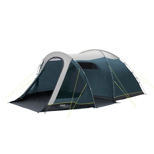 Ein großes, blaues Outwell® 5-Personen Zelt – Cloud 5 Plus Campingzelt mit Führungsseilen, aufgestellt im Freien.