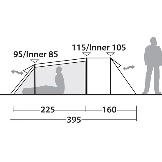 Technische Illustration des Robens® 3-Personen Zelts Voyager Versa 3 mit den Maßen, einem sitzenden Menschen im Inneren und einem stehenden Menschen außerhalb für die Skalierung.