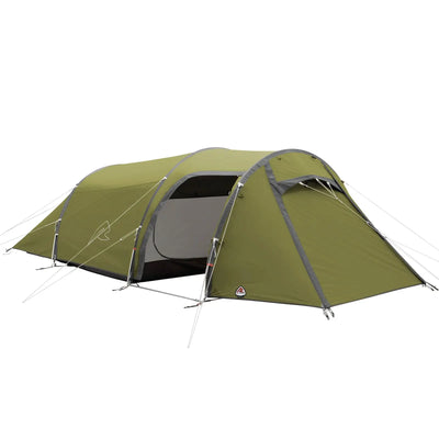 Robens® 3-Personen Zelt Voyager Versa 3 Kuppelzelt aufgebaut mit Abspannleinen gesichert für ein Outdoor-Erlebnis.