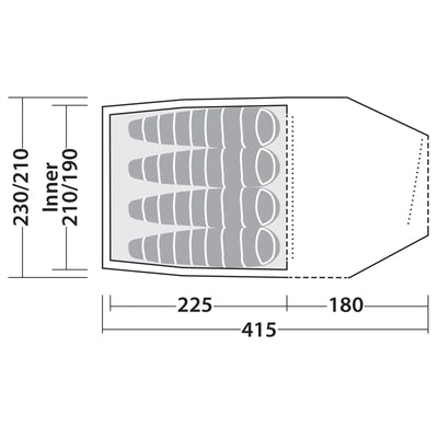 Technisches Diagramm der Matratze Robens® 4-Personen Zelt Voyager Versa 4 mit angezeigten Abmessungen und innerer Spulenstruktur, ideal für Outdoor-Abenteuer.