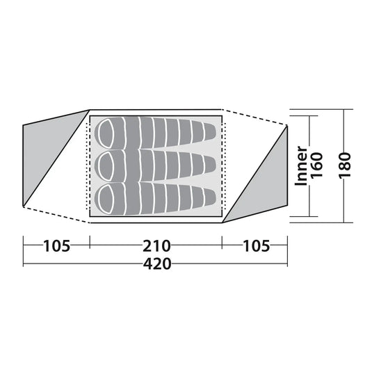 Technisches Diagramm eines Robens® Stony Brook 3 Tunnelzeltes mit Abmessungen in Millimetern.