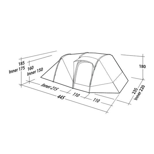 Technische Zeichnung des Robens® 4-Personen Zelt - Double Dreamer 4 Kuppelzelt mit Maßangaben in Zentimetern.