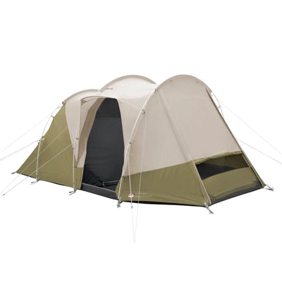 Großes Campingzelt Robens® Double Dreamer 4 in Beige und Grün, aufgebaut im Freien.